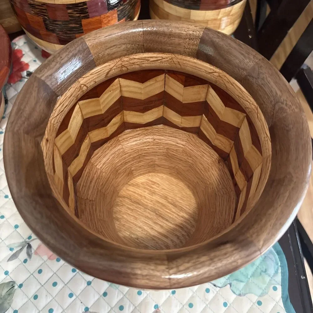 Handcrafted Segmented Wood Pedestal Bowl Cherry Walnut Padauk Maple Chevron